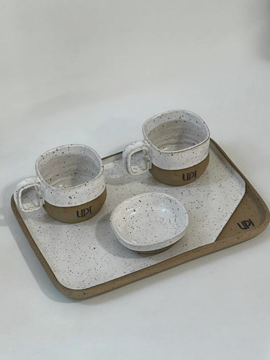 Par de Xícara Quadrada sem pires, com mini bowl e bandeja retangular personalizada