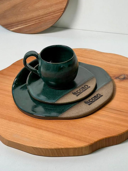 Xícara Esfera com pires e prato de sobremesa reto orgânico com aba  personalizada