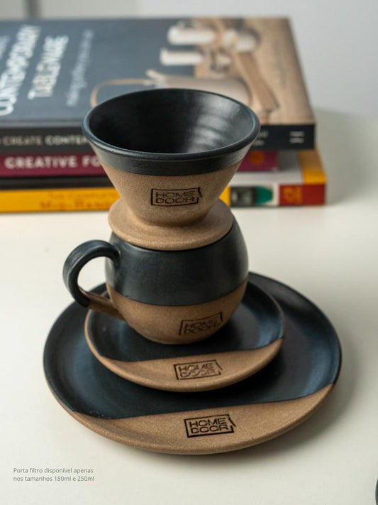 Xícara Esfera com porta filtro e prato de sobremesa  personalizada