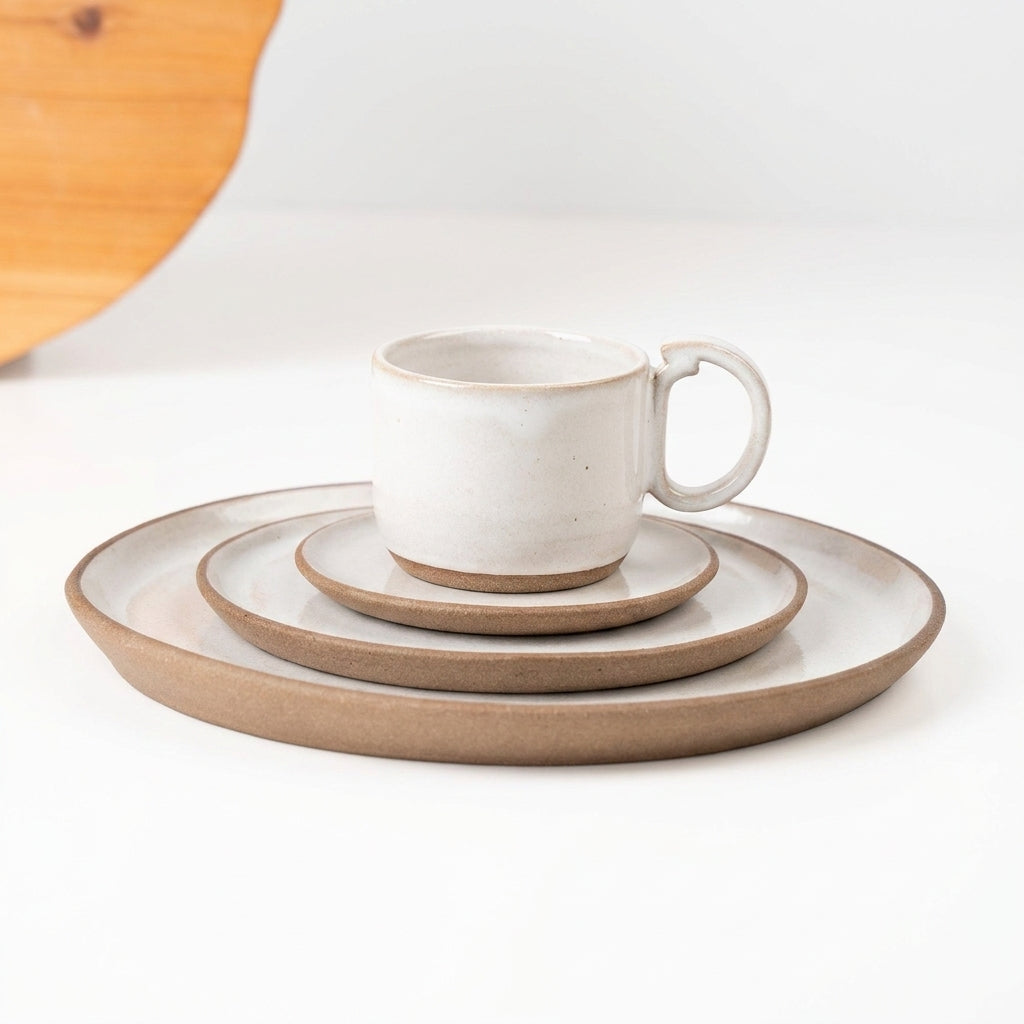 SET Refeição, sobremesa e café encontro em cerâmica artesanal — argila Cappuccino, esmalte Branco AMME
