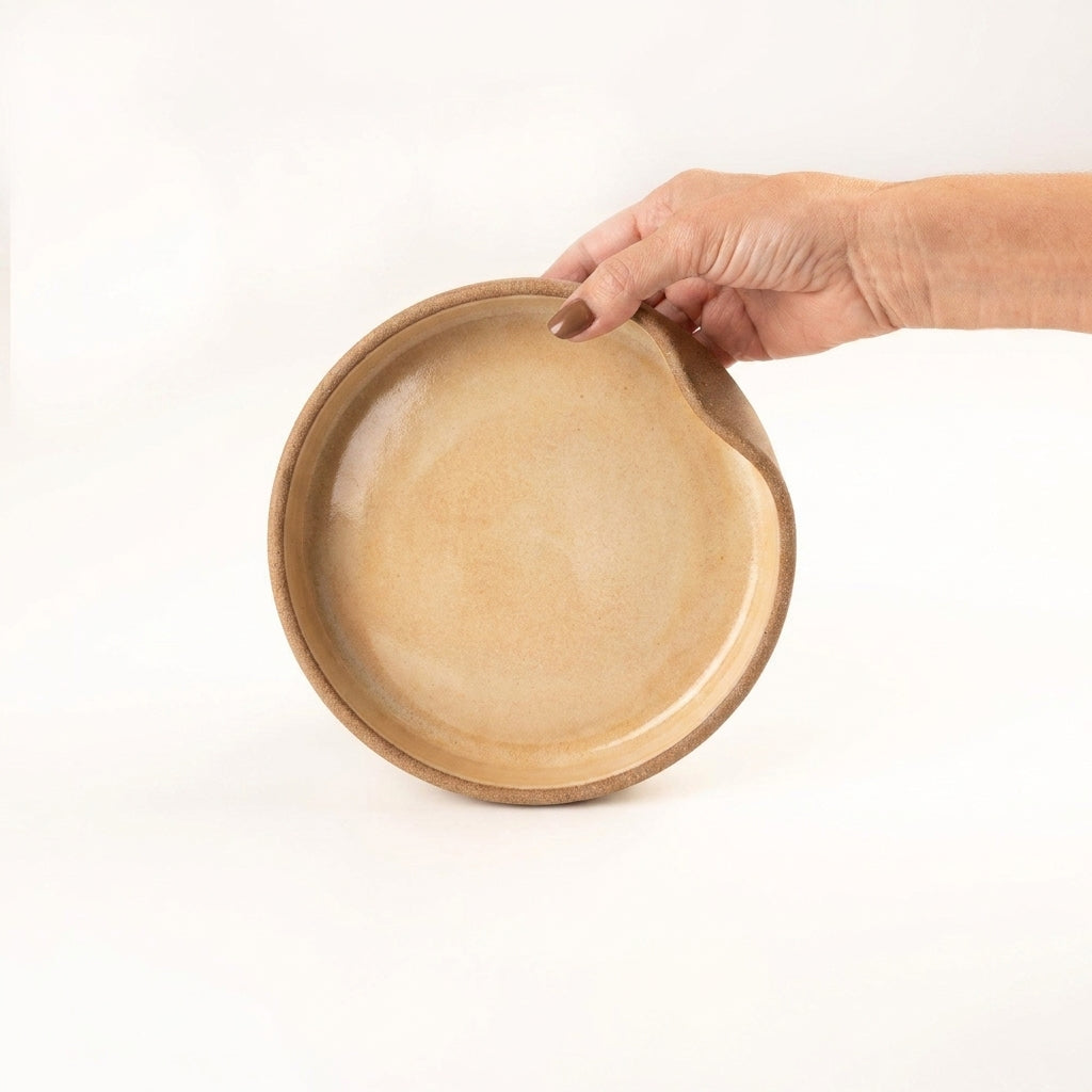 Bowl borda reta amassadinha em cerâmica artesanal — tamanho 19cm x 4cm, argila Cappuccino, esmalte Pedra Sabão