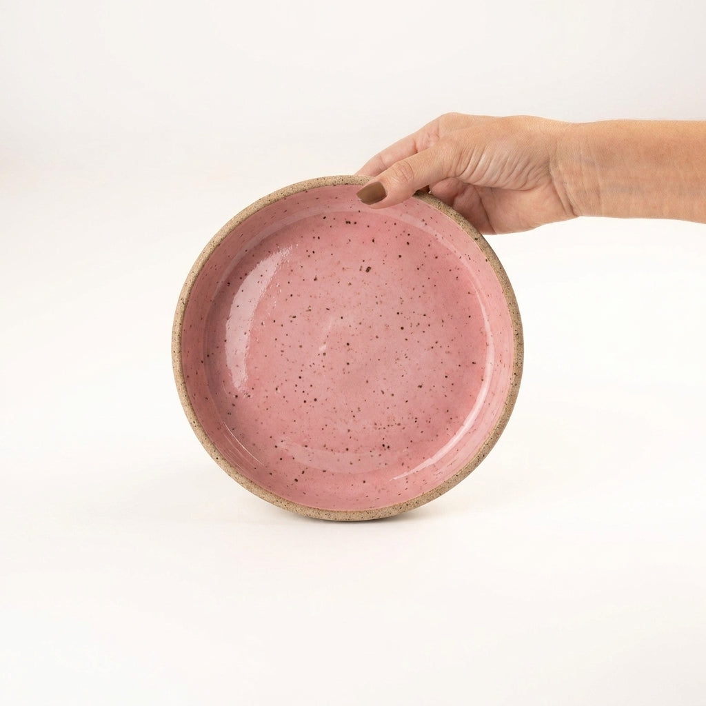 Bowl borda reta amassadinha em cerâmica artesanal — tamanho 19cm x 4cm, argila Flocos, esmalte Rosa Barbie
