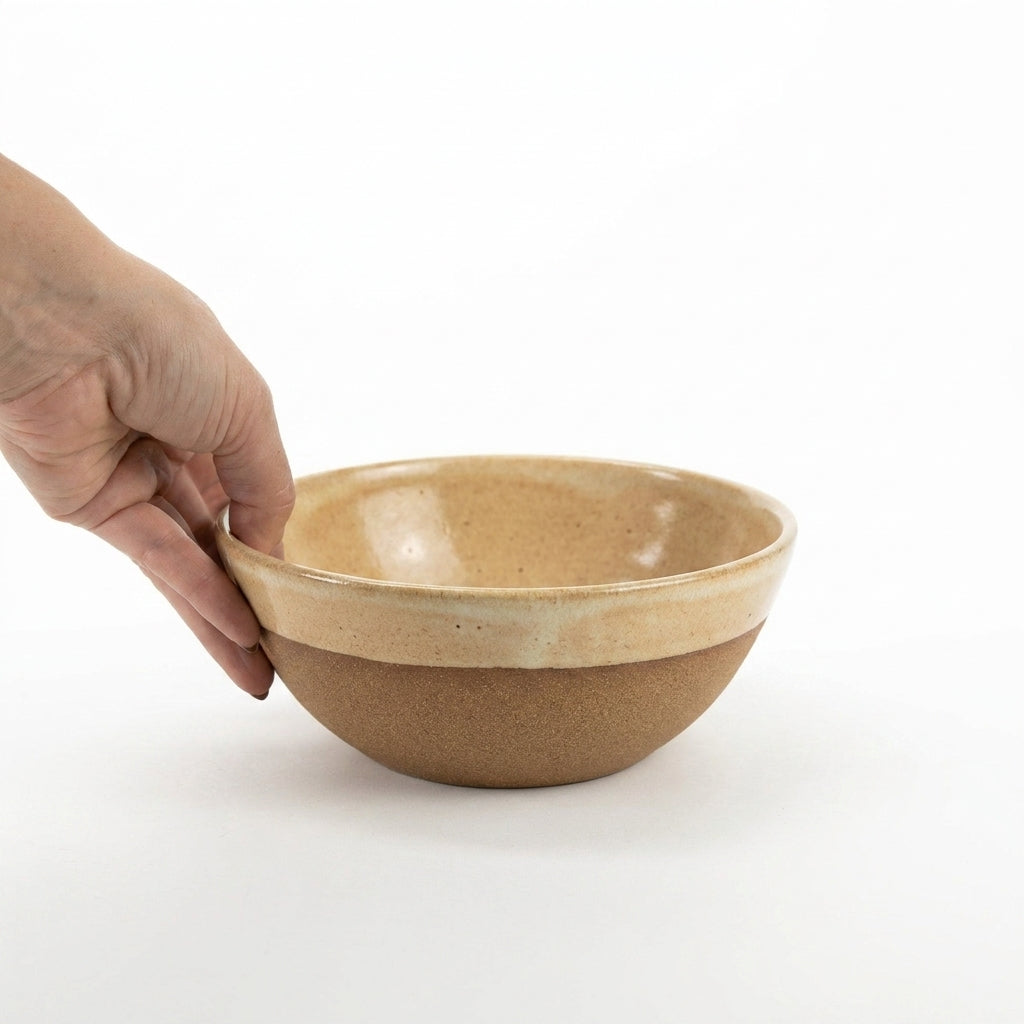 Bowl Encontro redondo em cerâmica artesanal — tamanho 19cm x 7cm, argila Cappuccino, esmalte Pedra Sabão