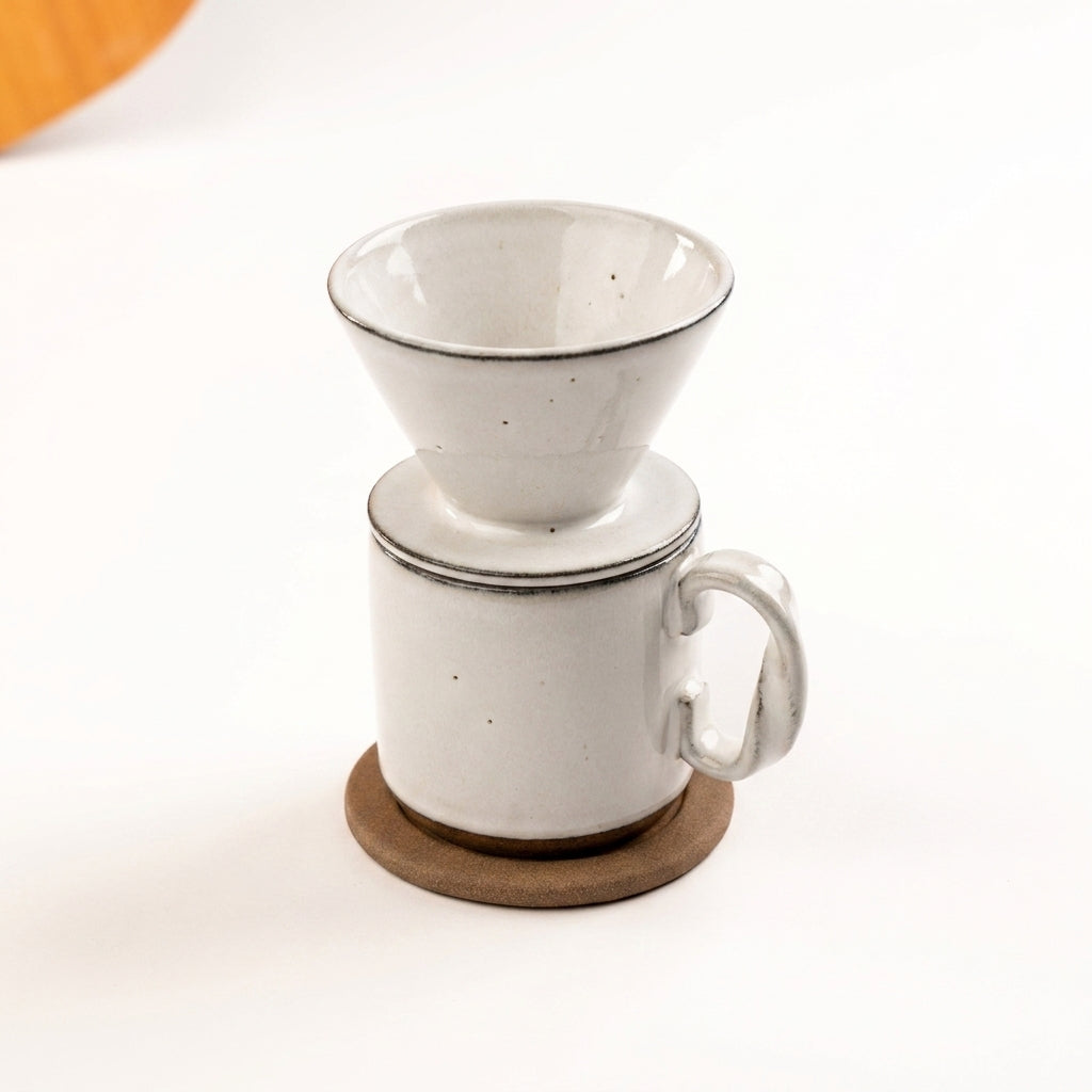 Caneca Alça Torcida com porta filtro e base em cerâmica artesanal — argila Cappuccino, esmalte Branco AMME