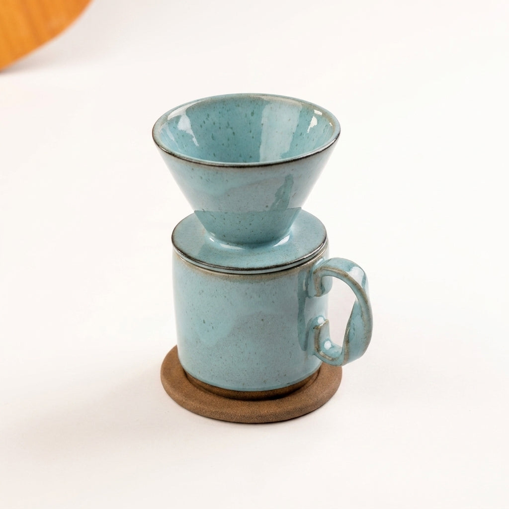 Caneca Alça Torcida com porta filtro e base em cerâmica artesanal — argila Cappuccino, esmalte Jujuba
