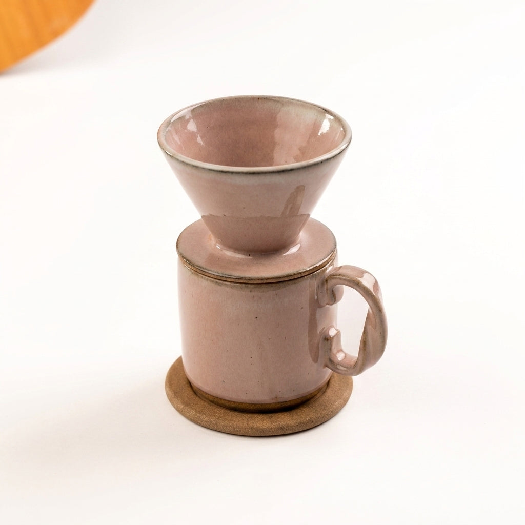 Caneca Alça Torcida com porta filtro e base em cerâmica artesanal — argila Cappuccino, esmalte Nude
