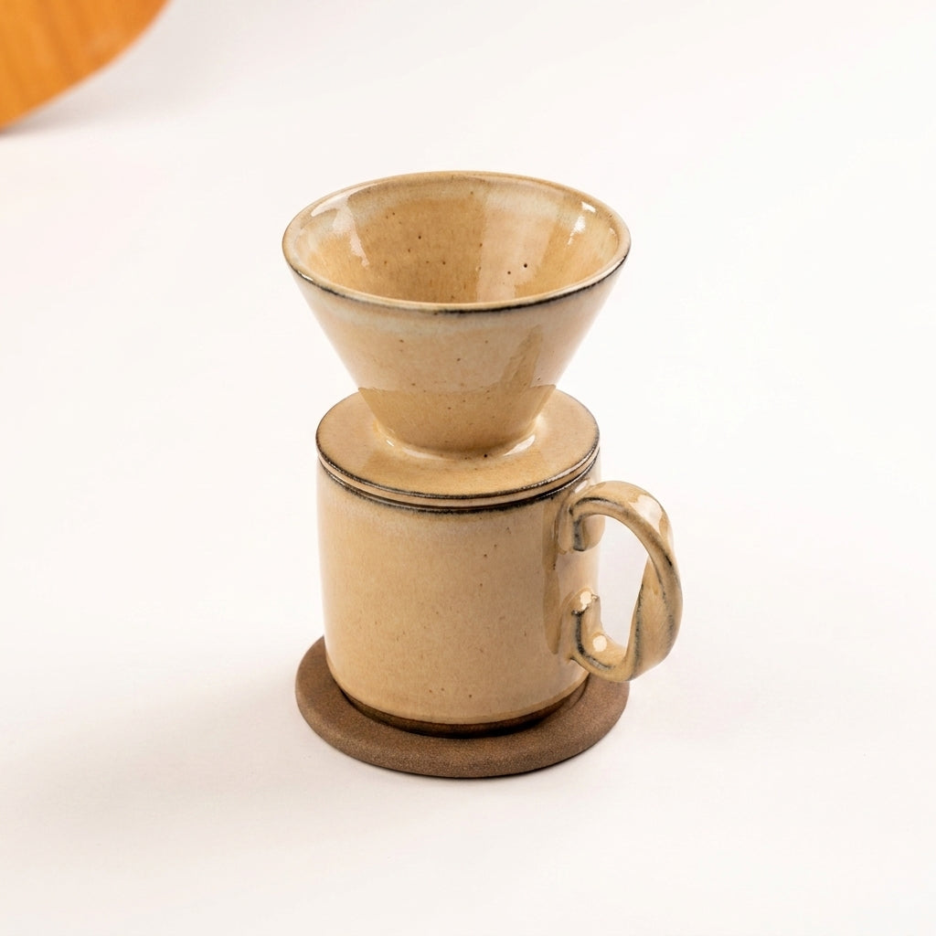 Caneca Alça Torcida com porta filtro e base em cerâmica artesanal — argila Cappuccino, esmalte Pedra Sabão