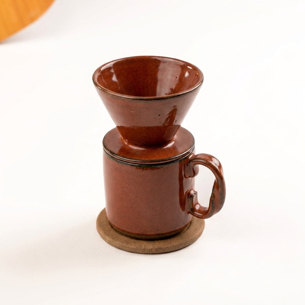 Caneca Alça Torcida com porta filtro e base em cerâmica artesanal — argila Cappuccino, esmalte Sol de Terracota
