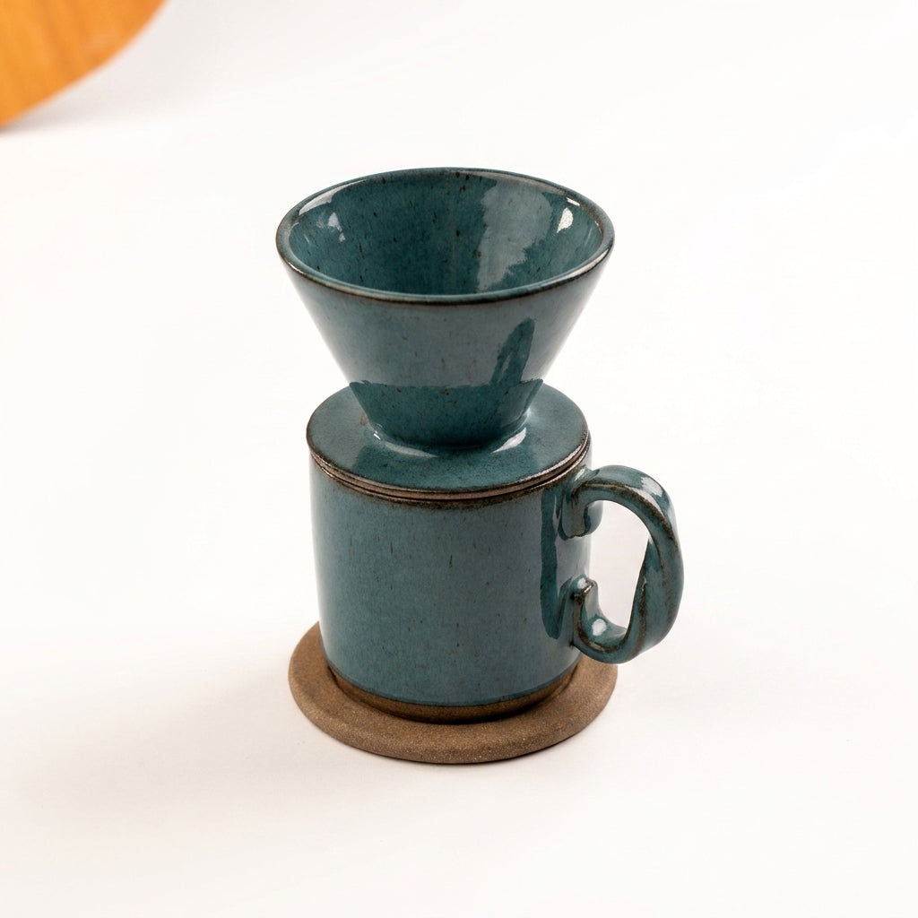 Caneca Alça Torcida com porta filtro e base em cerâmica artesanal — argila Cappuccino, esmalte Verde Exército