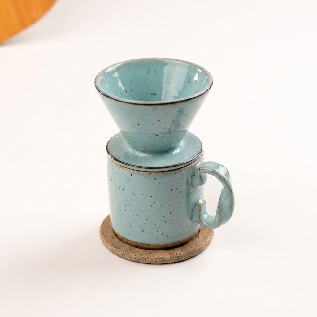 Caneca Alça Torcida com porta filtro e base em cerâmica artesanal — argila Flocos, esmalte Jujuba