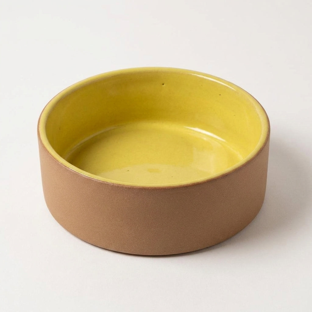 Comedouro Pet em cerâmica artesanal — tamanho 18 Ø x 6 CM, argila Cappuccino, esmalte Amarelo Intenso