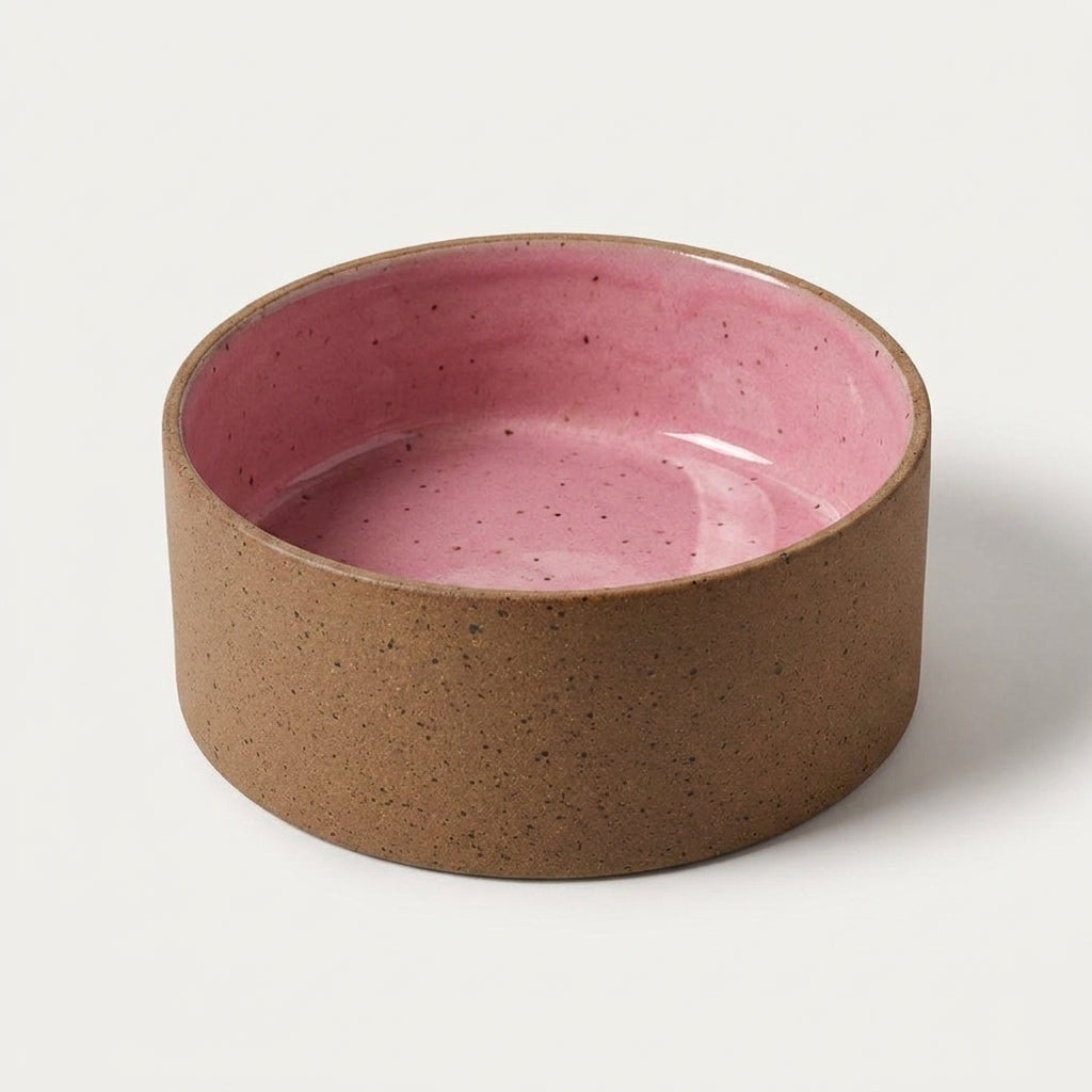 Comedouro Pet em cerâmica artesanal — tamanho 18 Ø x 6 CM, argila Flocos, esmalte Rosa Barbie