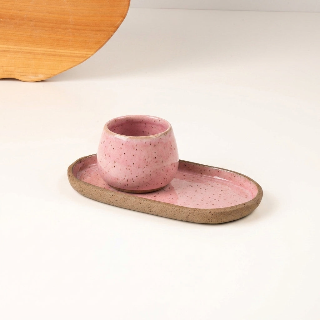 Copinho Cumbuca com Pires Alongado em cerâmica artesanal — tamanho 100ML, argila Flocos, esmalte Rosa Barbie