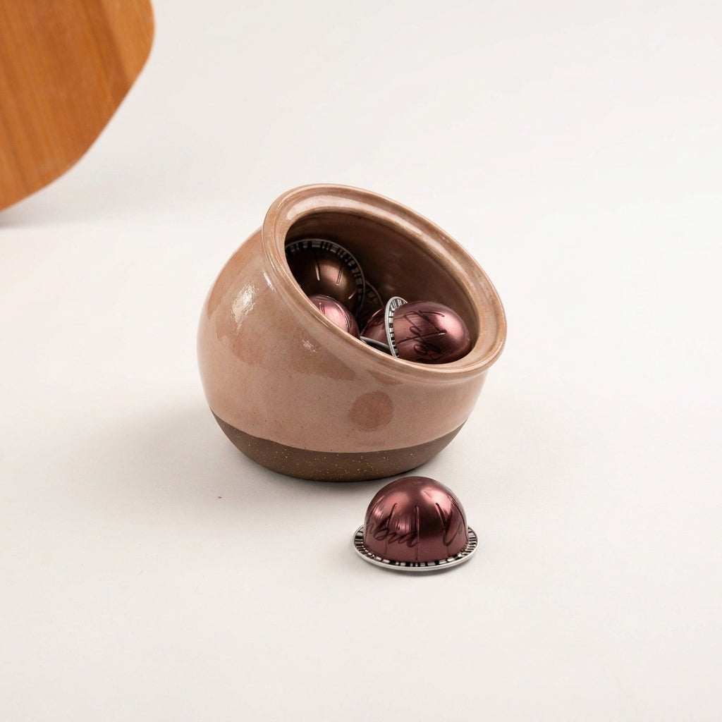 Porta Cápsulas em cerâmica artesanal — argila Cappuccino, esmalte Nude