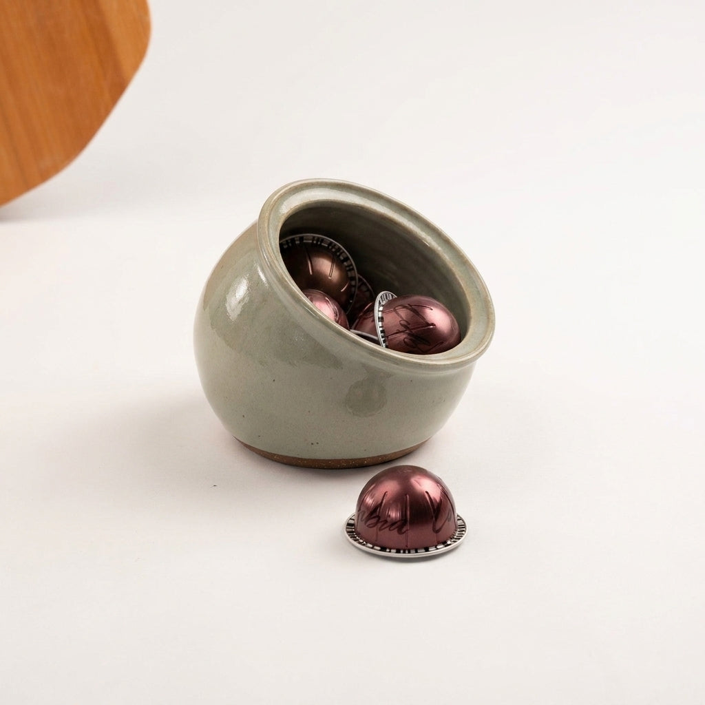 Porta Cápsulas em cerâmica artesanal — argila Cappuccino, esmalte Verde Pompeia