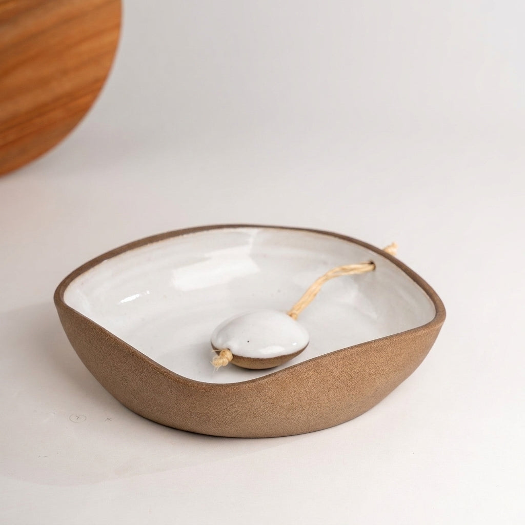 Porta Guardanapos Orgânico com Peso em cerâmica artesanal — tamanho 19CM x 19CM, argila Cappuccino, esmalte Branco AMME