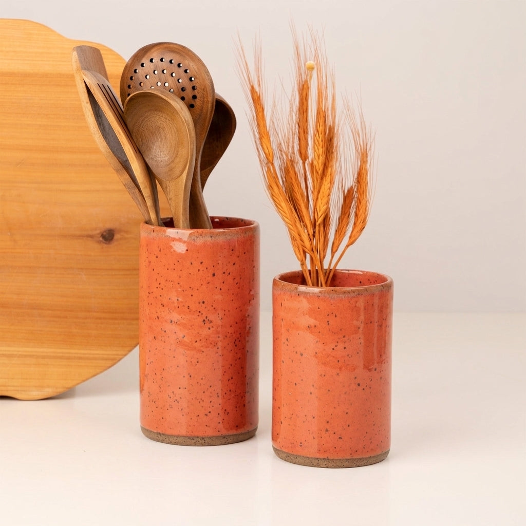 Porta Utensílios em cerâmica artesanal — argila Flocos, esmalte Laranja Intenso