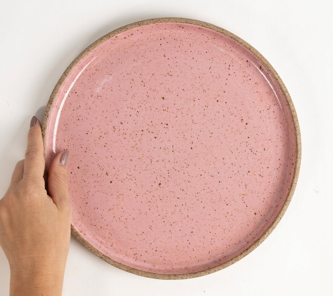 Prato Borda Reta Refeição em cerâmica artesanal — argila Flocos, esmalte Rosa Barbie