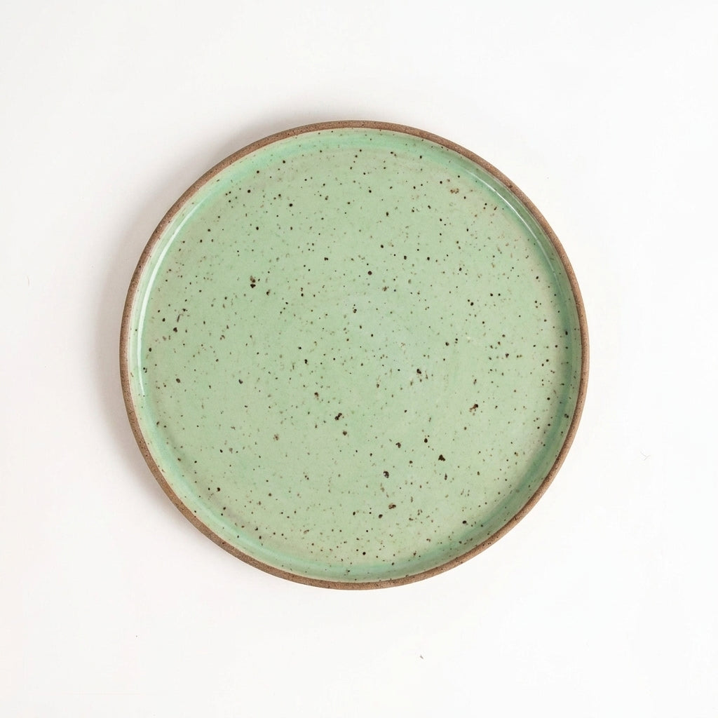 Prato Borda Reta Salada em cerâmica artesanal — argila Flocos, esmalte Verde Menta