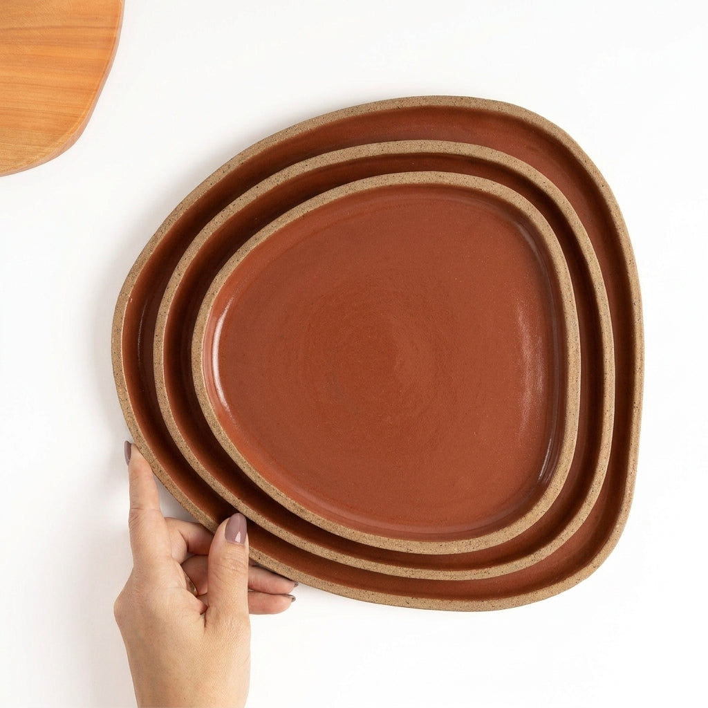 Prato Triângulo Orgânico em cerâmica artesanal — tamanho KIT 3 TAMANHOS, argila Cappuccino, esmalte Sol de Terracota