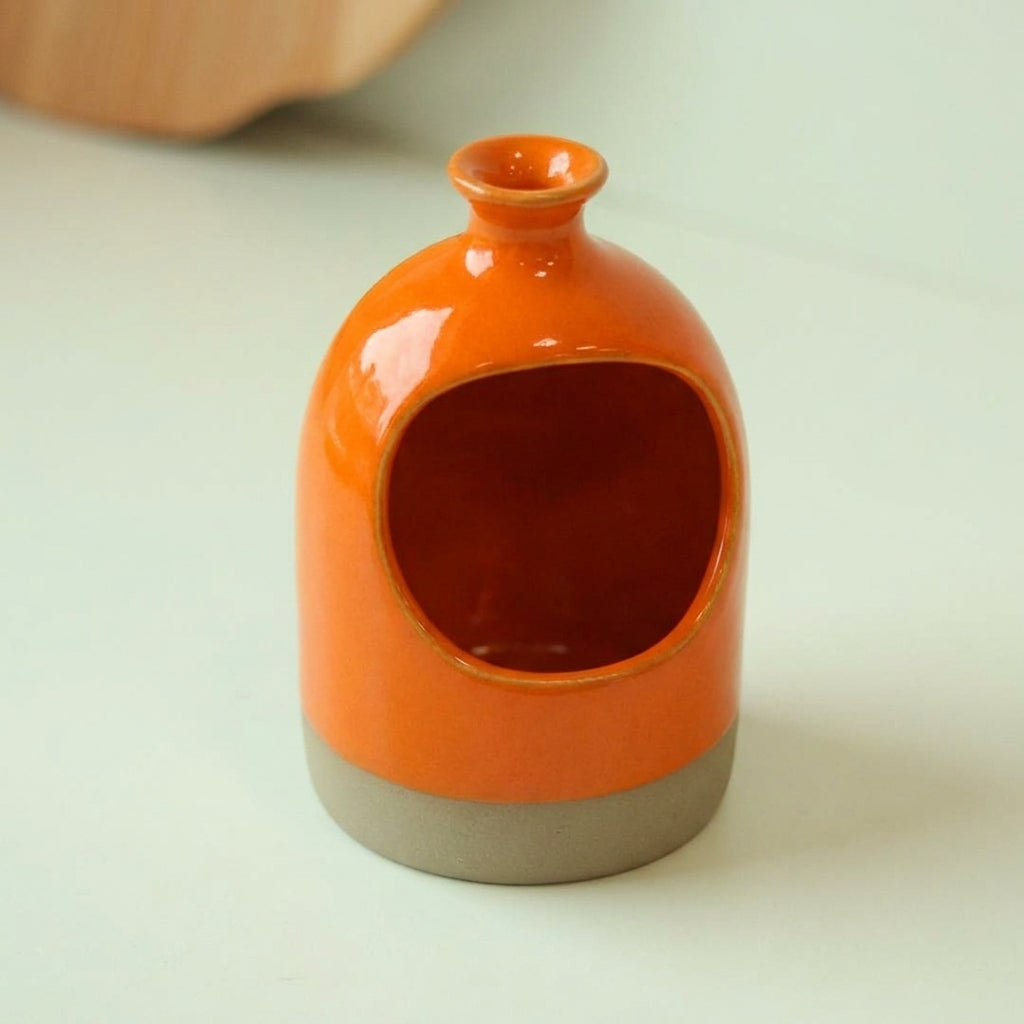 Saleiro Aberto em cerâmica artesanal — argila Cappuccino, esmalte Laranja Intenso