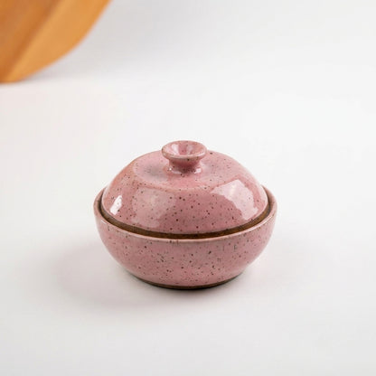 Saleiro com Tampa em cerâmica artesanal — argila Flocos, esmalte Rosa Barbie