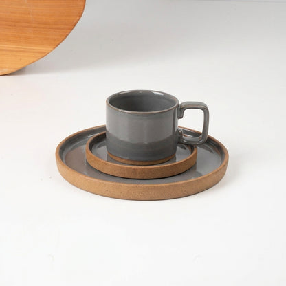 SET café da manhã linha reta em cerâmica artesanal — argila Cappuccino, esmalte Grafite