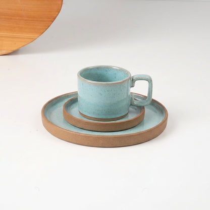 SET café da manhã linha reta em cerâmica artesanal — argila Cappuccino, esmalte Jujuba