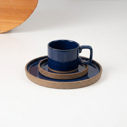 SET café da manhã linha reta em cerâmica artesanal — argila Cappuccino, esmalte Lazuli