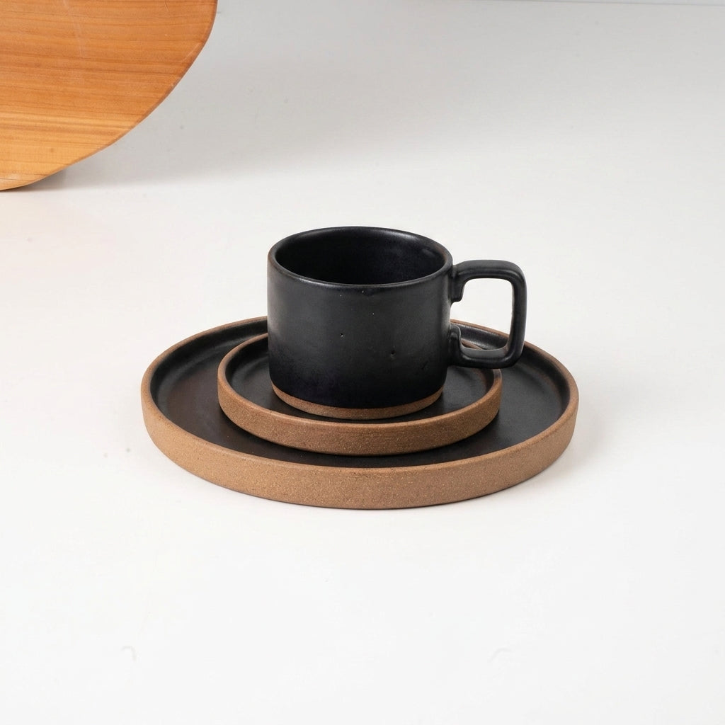 SET café da manhã linha reta em cerâmica artesanal — argila Cappuccino, esmalte Preto Acetinado