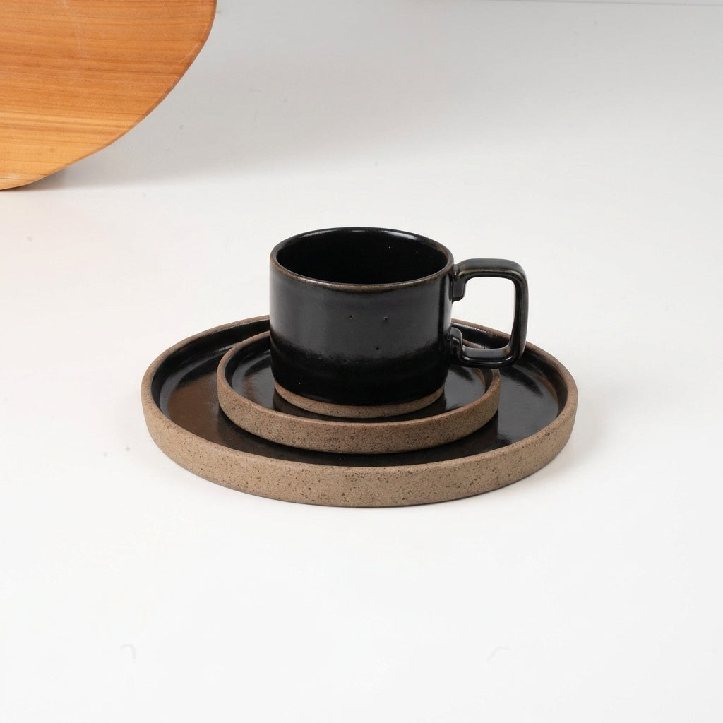 SET café da manhã linha reta em cerâmica artesanal — argila Cappuccino, esmalte Preto Ébano
