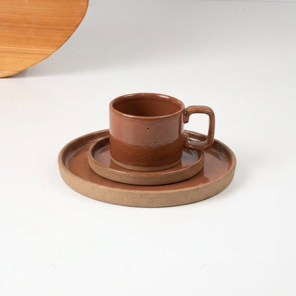 SET café da manhã linha reta em cerâmica artesanal — argila Cappuccino, esmalte Sol de Terracota
