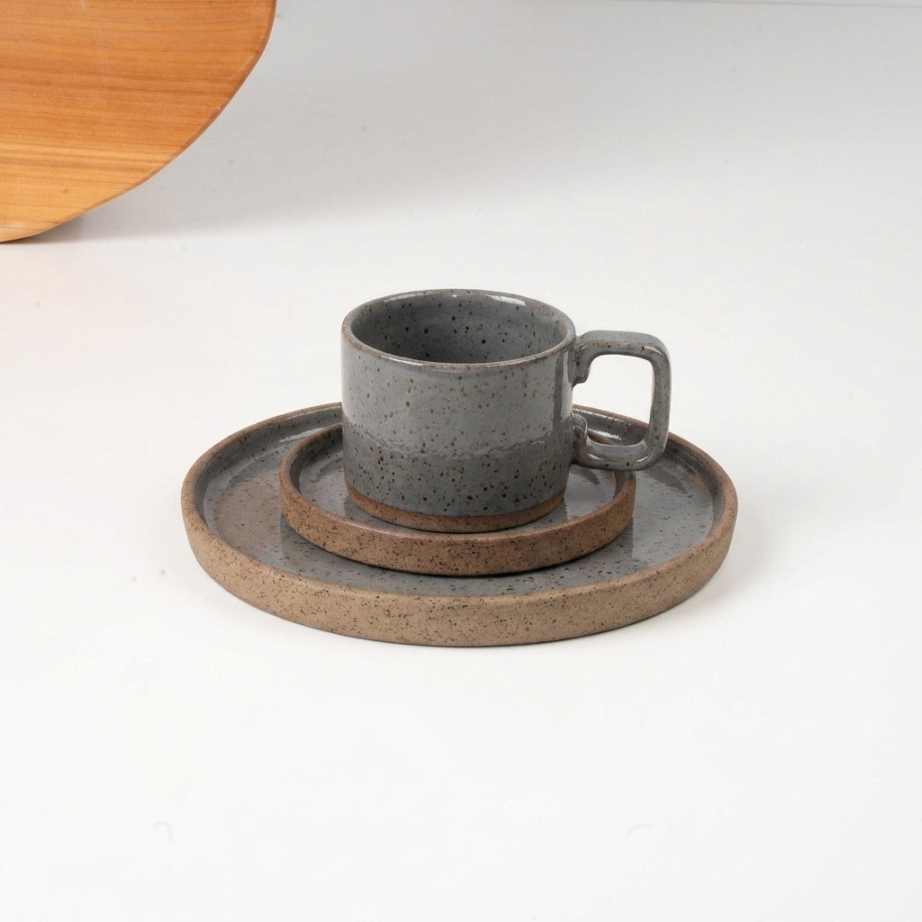 SET café da manhã linha reta em cerâmica artesanal — argila Flocos, esmalte Grafite