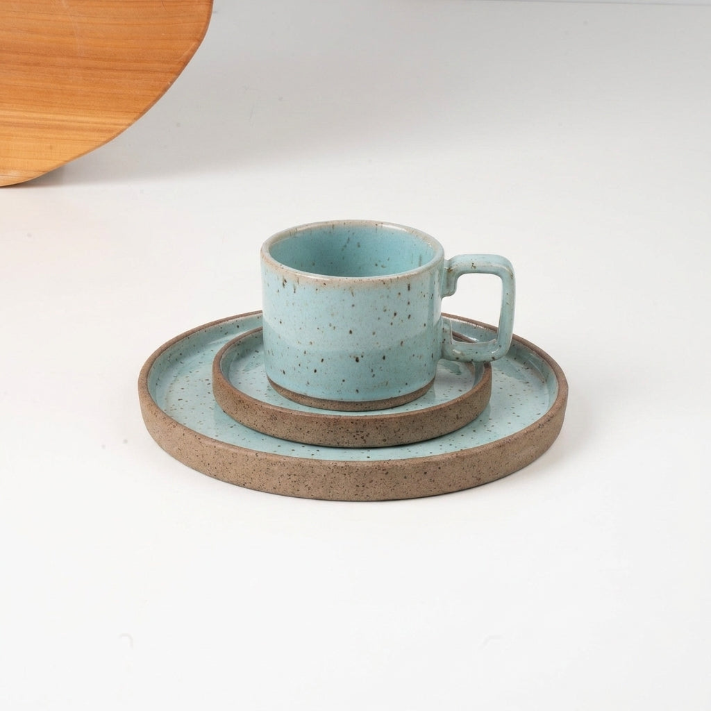 SET café da manhã linha reta em cerâmica artesanal — argila Flocos, esmalte Jujuba
