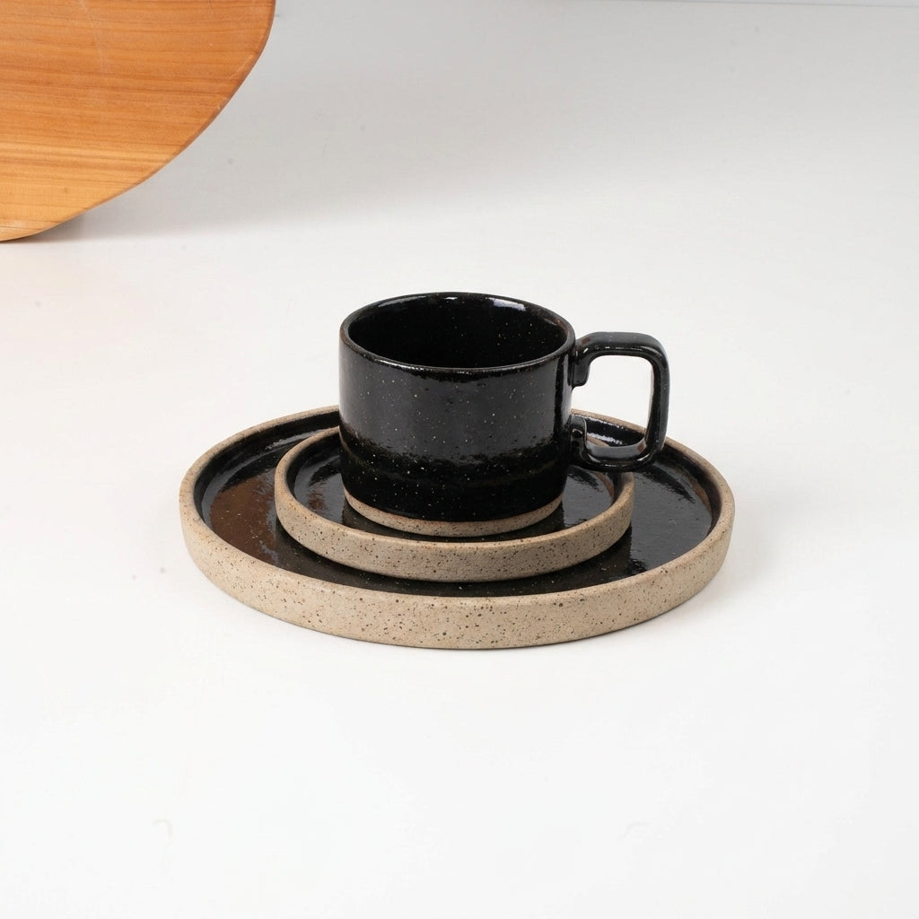 SET café da manhã linha reta em cerâmica artesanal — argila Flocos, esmalte Preto Ébano