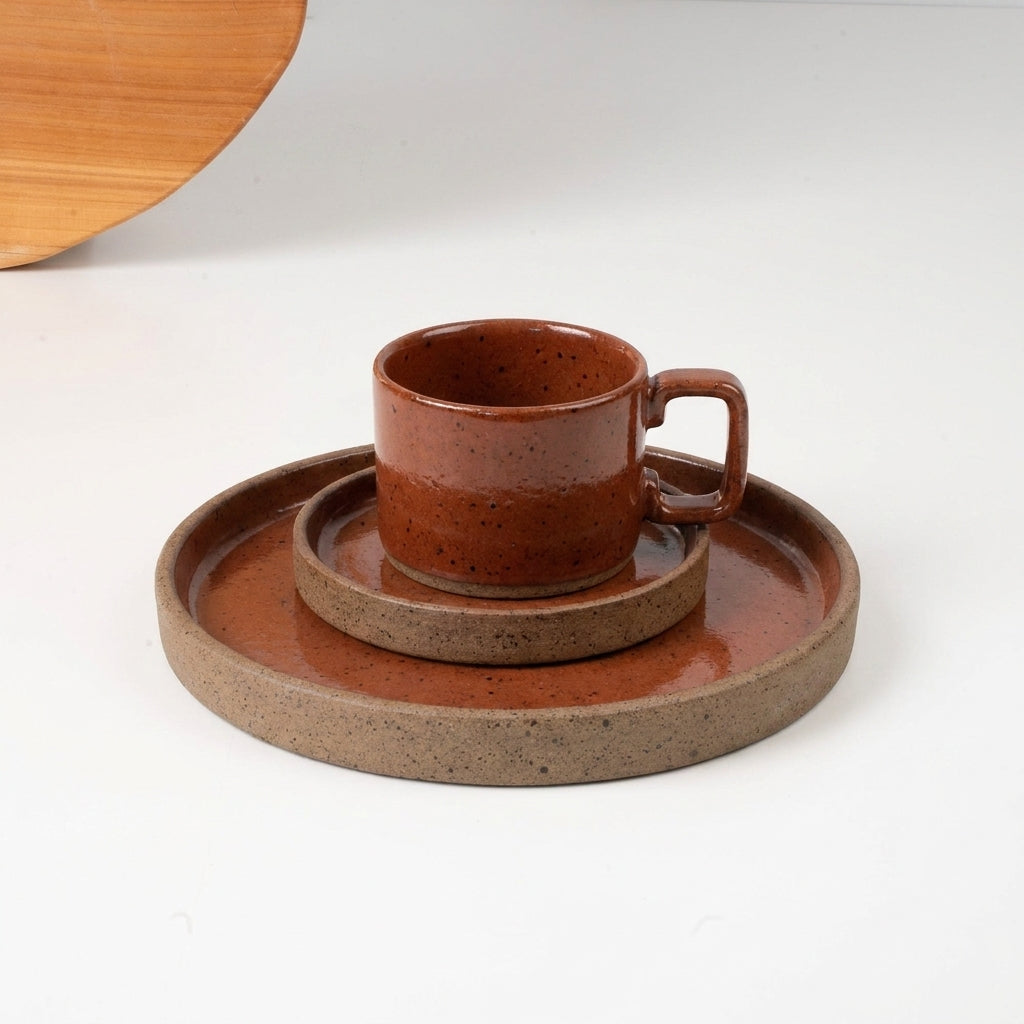 SET café da manhã linha reta em cerâmica artesanal — argila Flocos, esmalte Sol de Terracota