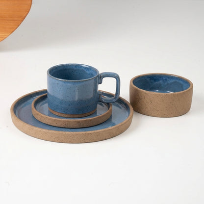 SET café da manhã reta com bowl linha reta em cerâmica artesanal — argila Cappuccino, esmalte Azul Safira
