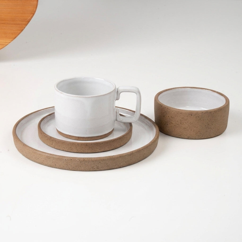 SET café da manhã reta com bowl linha reta em cerâmica artesanal — argila Cappuccino, esmalte Branco AMME