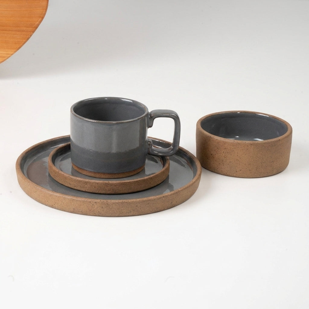 SET café da manhã reta com bowl linha reta em cerâmica artesanal — argila Cappuccino, esmalte Grafite