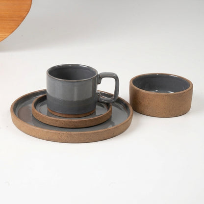 SET café da manhã reta com bowl linha reta em cerâmica artesanal — argila Cappuccino, esmalte Grafite