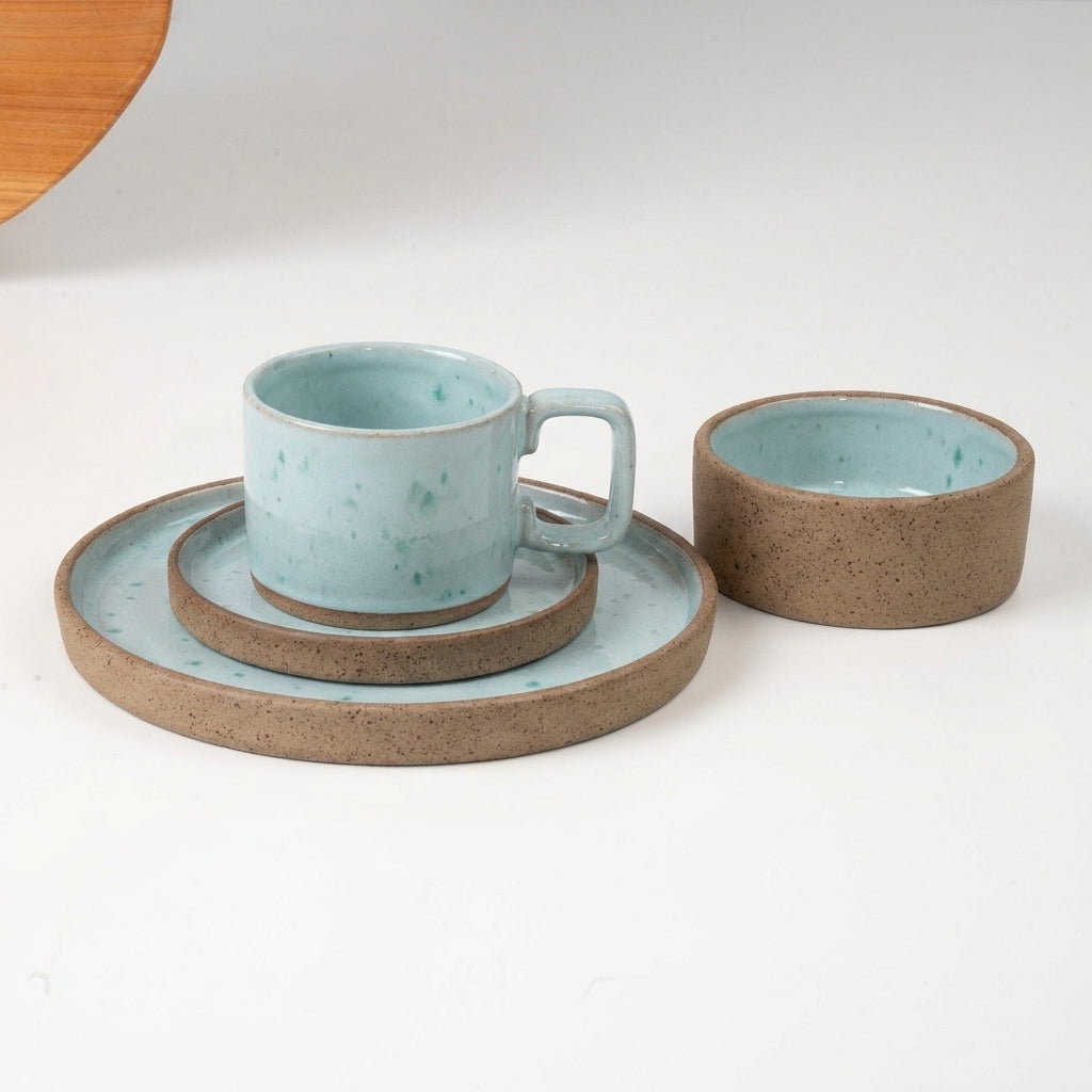SET café da manhã reta com bowl linha reta em cerâmica artesanal — argila Cappuccino, esmalte Jujuba
