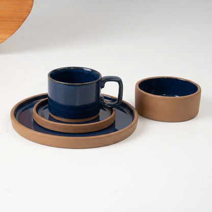 SET café da manhã reta com bowl linha reta em cerâmica artesanal — argila Cappuccino, esmalte Lazuli
