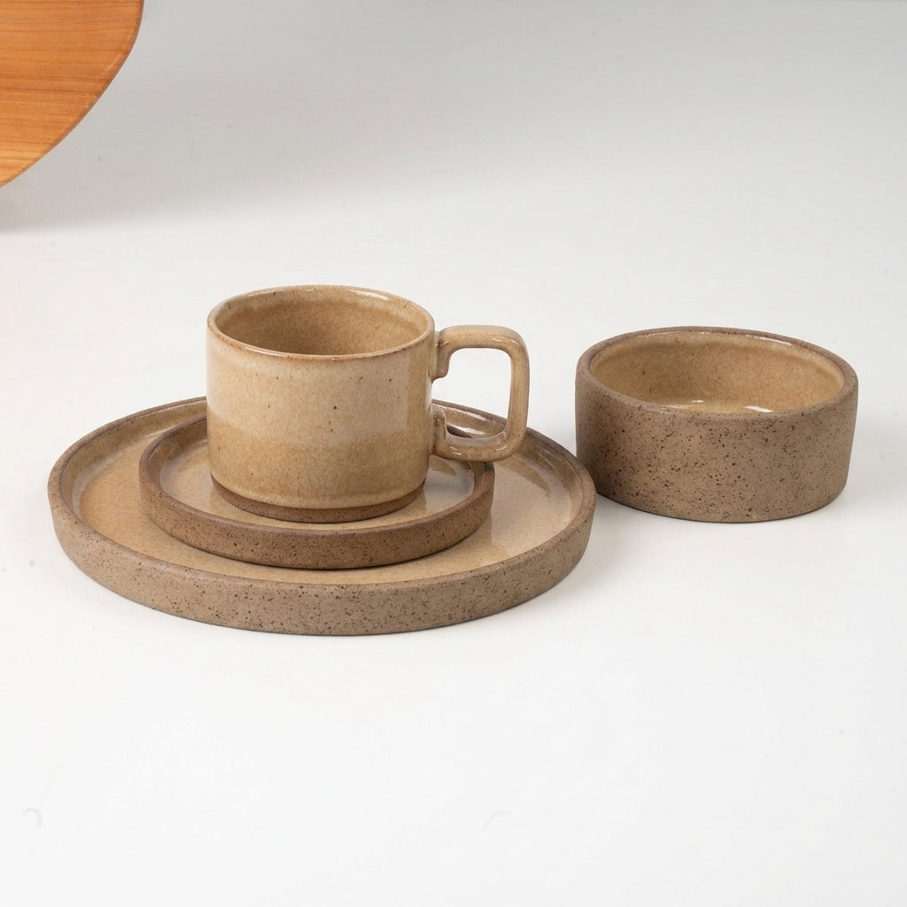 SET café da manhã reta com bowl linha reta em cerâmica artesanal — argila Cappuccino, esmalte Pedra Sabão