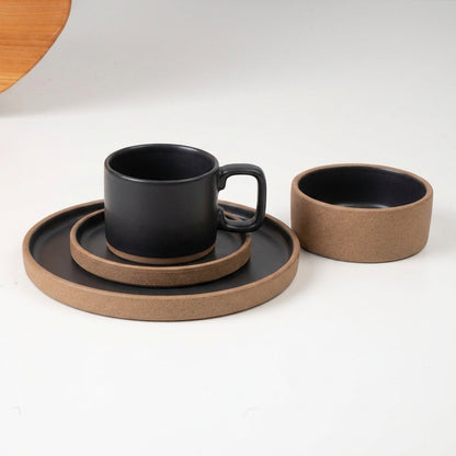 SET café da manhã reta com bowl linha reta em cerâmica artesanal — argila Cappuccino, esmalte Preto Acetinado
