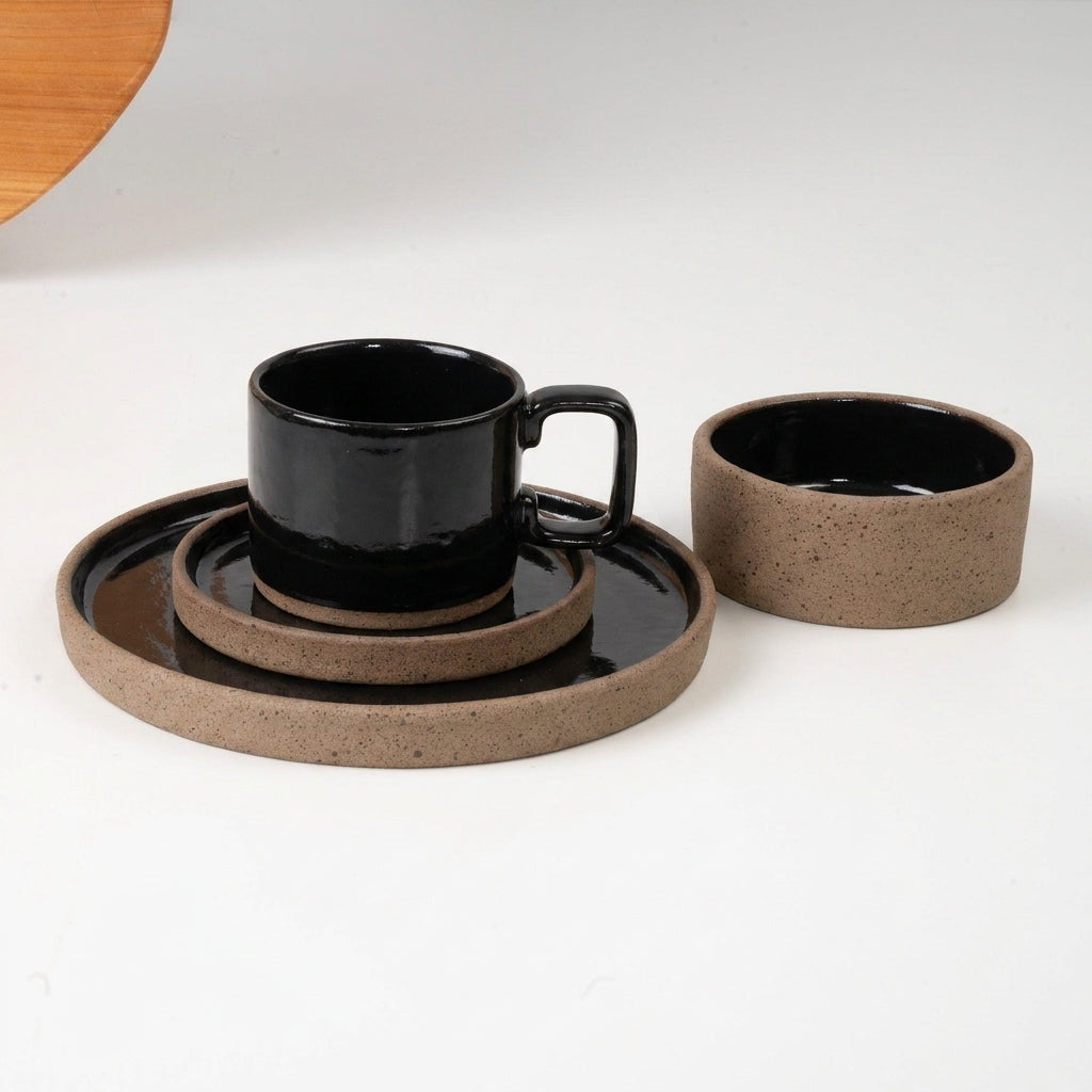 SET café da manhã reta com bowl linha reta em cerâmica artesanal — argila Cappuccino, esmalte Preto Ébano