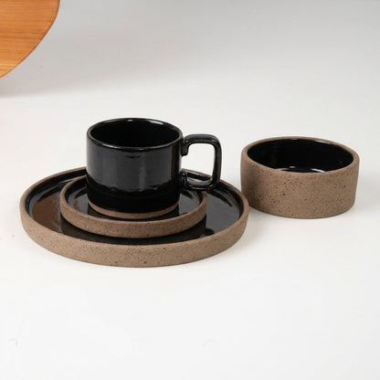 SET café da manhã reta com bowl linha reta em cerâmica artesanal — argila Cappuccino, esmalte Preto Ébano