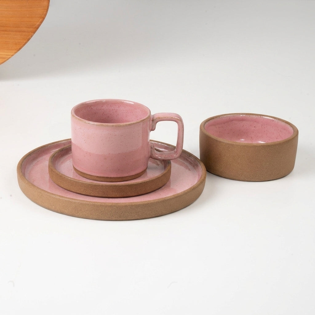 SET café da manhã reta com bowl linha reta em cerâmica artesanal — argila Cappuccino, esmalte Rosa Barbie
