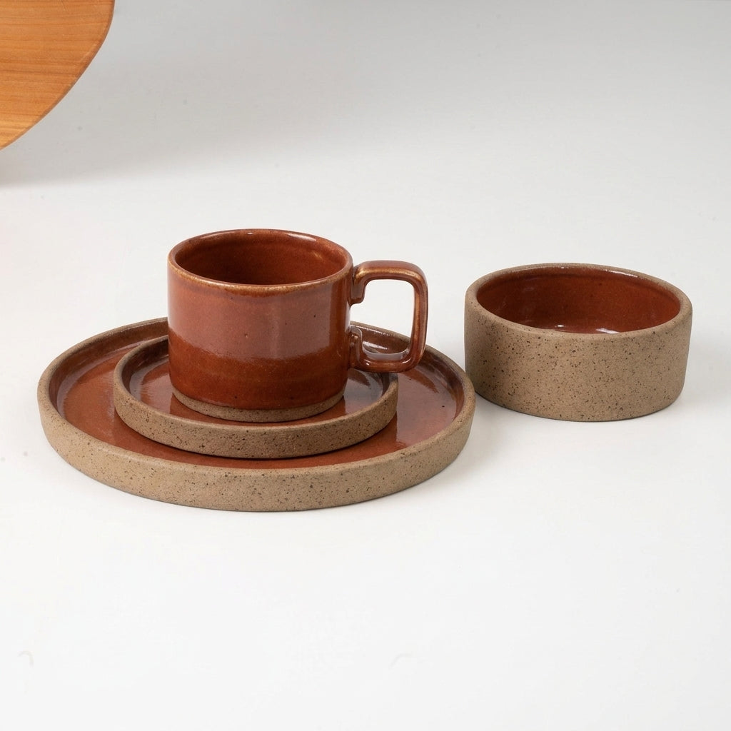 SET café da manhã reta com bowl linha reta em cerâmica artesanal — argila Cappuccino, esmalte Sol de Terracota