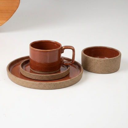 SET café da manhã reta com bowl linha reta em cerâmica artesanal — argila Cappuccino, esmalte Sol de Terracota