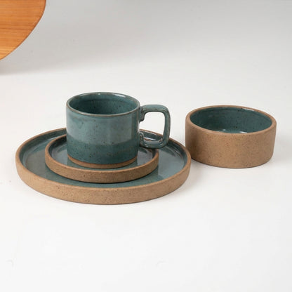 SET café da manhã reta com bowl linha reta em cerâmica artesanal — argila Cappuccino, esmalte Verde Exército